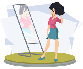 Happy girl in front of mirror. Successful shopping. Illustration for internet and mobile website.