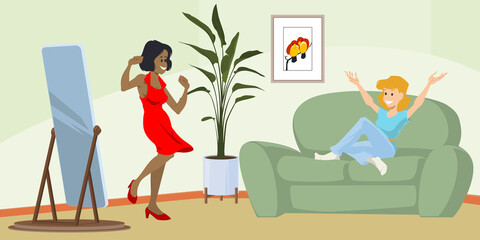 Successful shopping. Girl shows off purchase. Two cheerful girlfriend. Illustration for internet and mobile website.