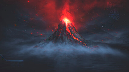 Night fantasy landscape with abstract mountains and island on the water, explosive volcano with burning lava, neon light. Dark Futuristic natural scene with reflection of light in the water. 3D 