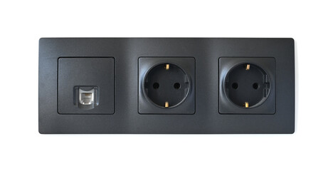 Set of two black electric sockets outlet  and ethernet port