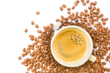 Black  Crema Esspresso coffee on  cup top view  on white background