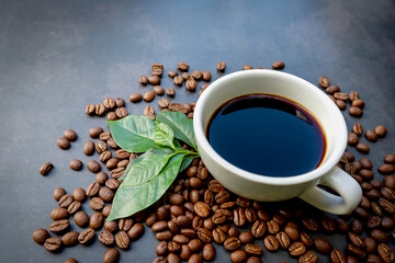 Naklejka premium Black Crema Esspresso coffee on cup and coffee beans top view on dark background