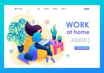 Obraz premium Isometric 3D. Young Girl Works At Home On a Soft Chair, Remote Work, Freelancer. Concept For Landing Page