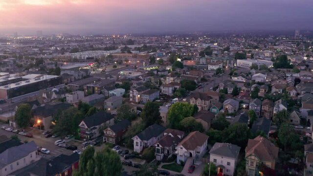 Aerial: Suburb of west oakland at sunset. Oakland, USA
