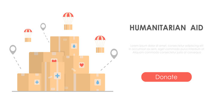 Humanitarian aid - charity concept with cardboard boxes. Banner for collecting help. Isolated flat vector illustration.