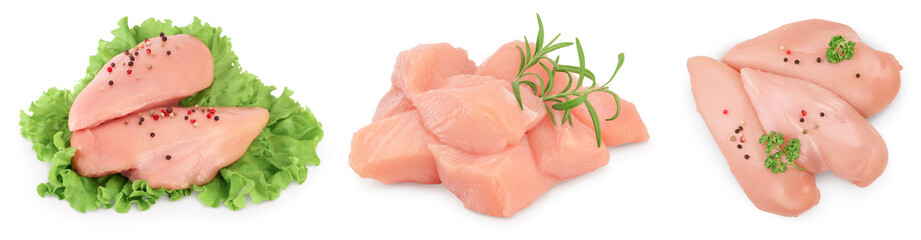 Fresh chicken fillet isolated on white background with full depth of field. Set or collection