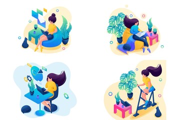 Set Isometric 3D On The Topic Of Womens Self-Isolation, Work At Home, Sports. For Web Design