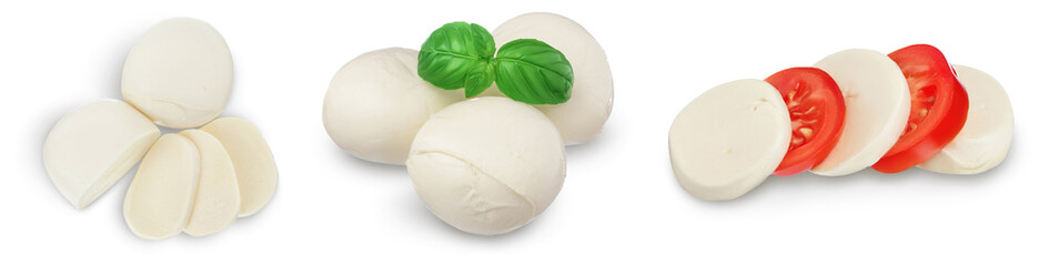 Mozzarella cheese sliced with basil leaf isolated on white background . Set or collection