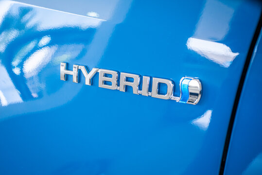 Uzhhorod, Ukraine. January 18, 2021 blue car hybrid of the Japanese brand Toyota Yaris hybrid. Reliable and beautiful car. The car in the cabin.