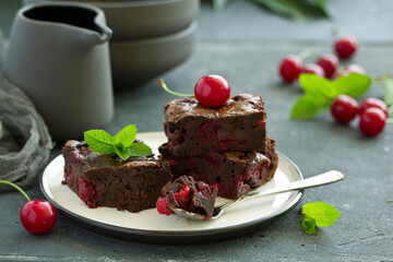 Chocolate brownie cakes with cherry. selective focus.