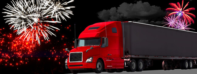 Truck at night with fireworks in the background . New Year wishes with fireworks and space for text...