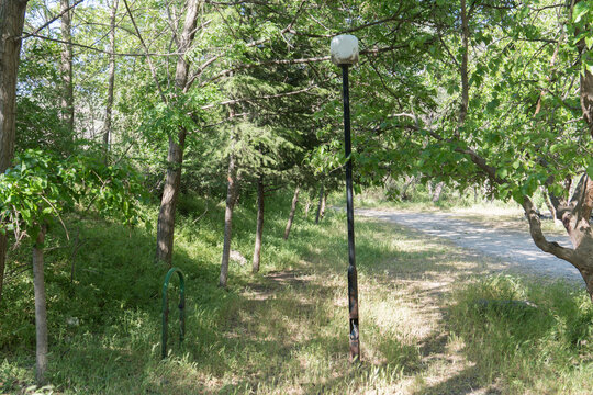 outdated rusty lighting pole in the park