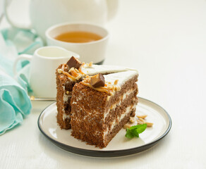 A piece of chocolate cake. Selective focus.