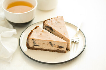 A piece of chocolate cake. Selective focus.