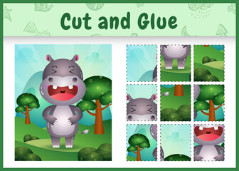 Children board game cut and glue with a cute hippo