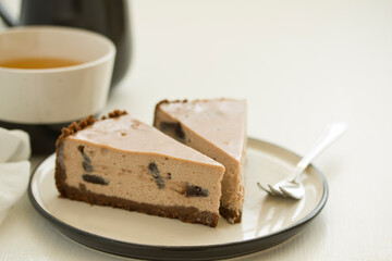 A piece of chocolate cake. Selective focus.