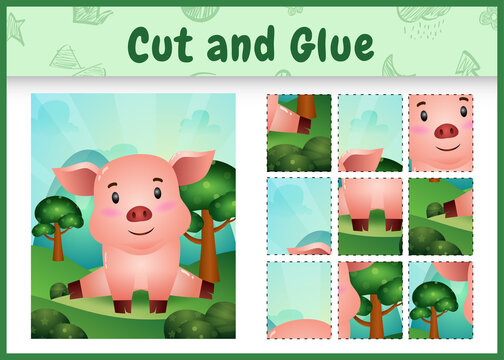 Children board game cut and glue with a cute pig