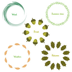 Festive, round wreaths for the seasons. Summer, spring, autumn wreath. Thanksgiving wreath with stomach. Set of leaf wreaths. Place for an inscription. Blank for the logo.