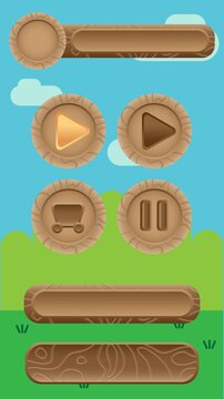 Wooden elements for game design user interface with play pause shop and bars