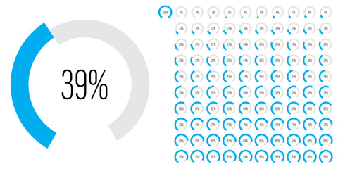 Set of circular sector arc percentage diagrams meters progress bar from 0 to 100 ready-to-use for web design, user interface UI or infographic - indicator with blue