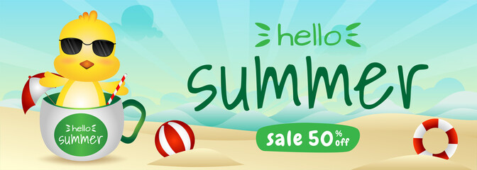 summer sale banner with a cute chick in the cup