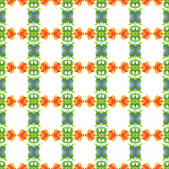Graphic floral tiles seamless pattern. Hand drawn watercolor and acrylic illustration. Abstract red, green with white background. Ornament for fabric, wallpaper and packaging.
