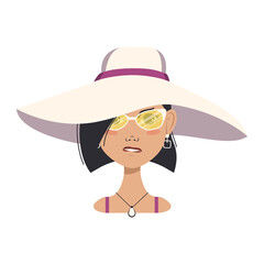 Avatar of an angry woman with pursed lips, black short hair, an aggressive face, glasses and a summer hat with evil emotions. Human displeased face, smart girl on the beach