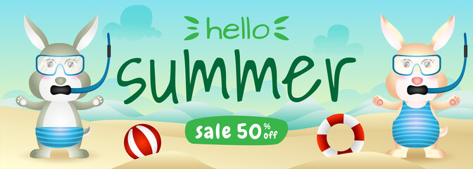 summer sale banner with a cute rabbit couple using snorkeling costume in beach