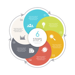Circle infographic template with 6 options, elements or steps. Business concept for presentations, layouts, reports and round diagram. Vector illustration