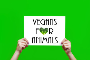 White sheet with a slogan vegans for animals in female hands isolated on a color green background....