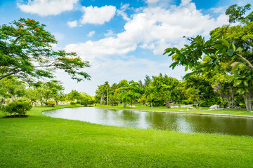 Scenic view of the park in the center of the big city in the summer. With a lagoon in the middle and green trees. Green public park with pond meadow grass field blue sky for leisure landscape