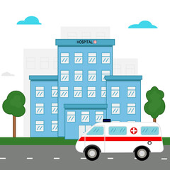 Hospital building with an ambulance. Vector flat illustration.