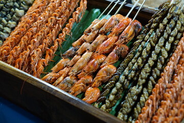 Shrimp Skewers.Street food at Walking Street in Chiang Khan , Loei Province , in Thailand