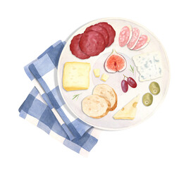 Watercolor hand painted illustration - plate with food, snack - bread, fruits, vegetables, cheese.