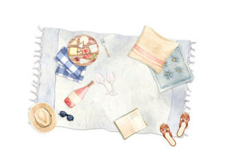 Picnic blanket with pillows, wooden tray with food, snacks, wine - Watercolor hand painted illustration