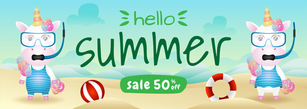 summer sale banner with a cute unicorn couple using snorkeling costume in beach