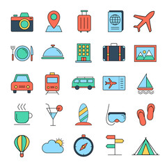 Collection travel flat icon set on white background. colorful holiday and tourism symbols. vector illustration flat texture saeamless design.