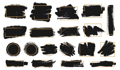 Grunge brush frames. Black paint stroke with golden border, ink brush texture frame. Abstract textured background for text vector set. Square, circle and rectangular shapes for logo
