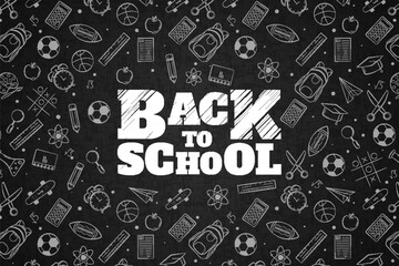 back to school banner background. back to school written in black board with hand drawn vector doodle patterns © graphicdepend