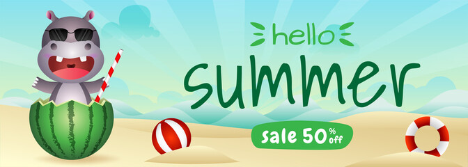 summer sale banner with a cute hippo in the watermelon