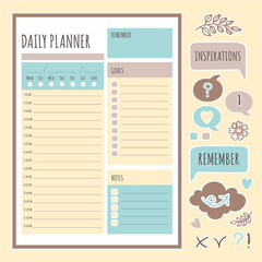 YELLOW DAILY PLANNER Stickers Printable Page Template Schedule And Collection Of Design Elements For A Day For Plotting Cutting Clip Art Vector illustration Set