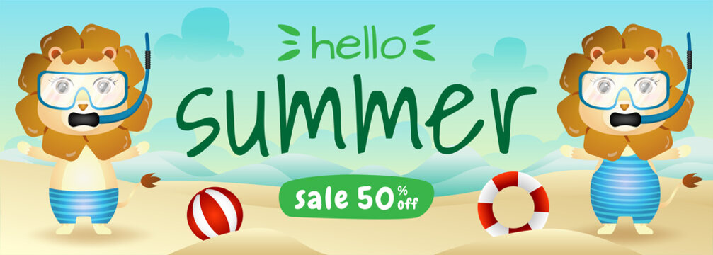 summer sale banner with a cute tiger couple using snorkeling costume in beach