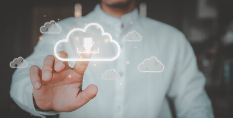 Man presses download button  cloud.Cloud computing is system for sharing download and upload big...