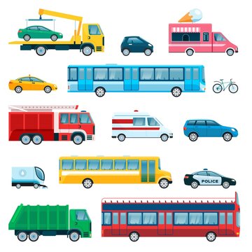 City cars. Passenger car, ambulance, truck, bike, taxi, police car, school bus, fire engine. Flat urban public transport and vehicle vector set. Road transportation service for emergency