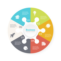 Circle puzzle infographic template for cycle diagram, graph, web design, presentation and round chart. Puzzle business concept with 6 steps, options or processes. Vector abstract background.