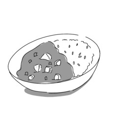 Japanese food illustration. Hand drawn sketch. Japanese cuisine. Vector illustration of Curry in a bowl. Menu design elements. Isolated objects. 