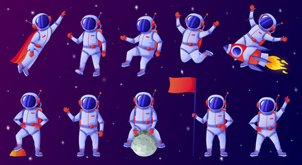 Cartoon astronaut. Cosmonaut waving hand, holding flag, dancing, sitting on moon, riding rocket. Spaceman in outer space vector set. Person exploring cosmos or universe in different positions © Frogella.stock
