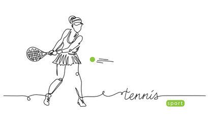 Tennis player simple vector background, banner, poster with woman, racket and ball. One line drawing art illustration of tennis player - obrazy, fototapety, plakaty