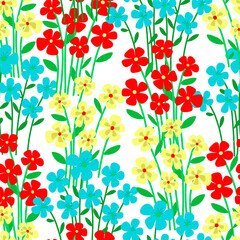 Cute summer floral pattern on a white background. Blue, red, yellow flowers. Vector drawing. - 441976773