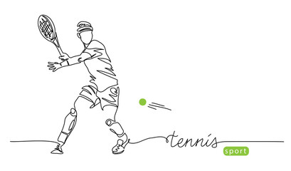 Tennis player simple vector background, banner, poster with man, racket and ball. One line drawing art illustration of male tennis player - obrazy, fototapety, plakaty